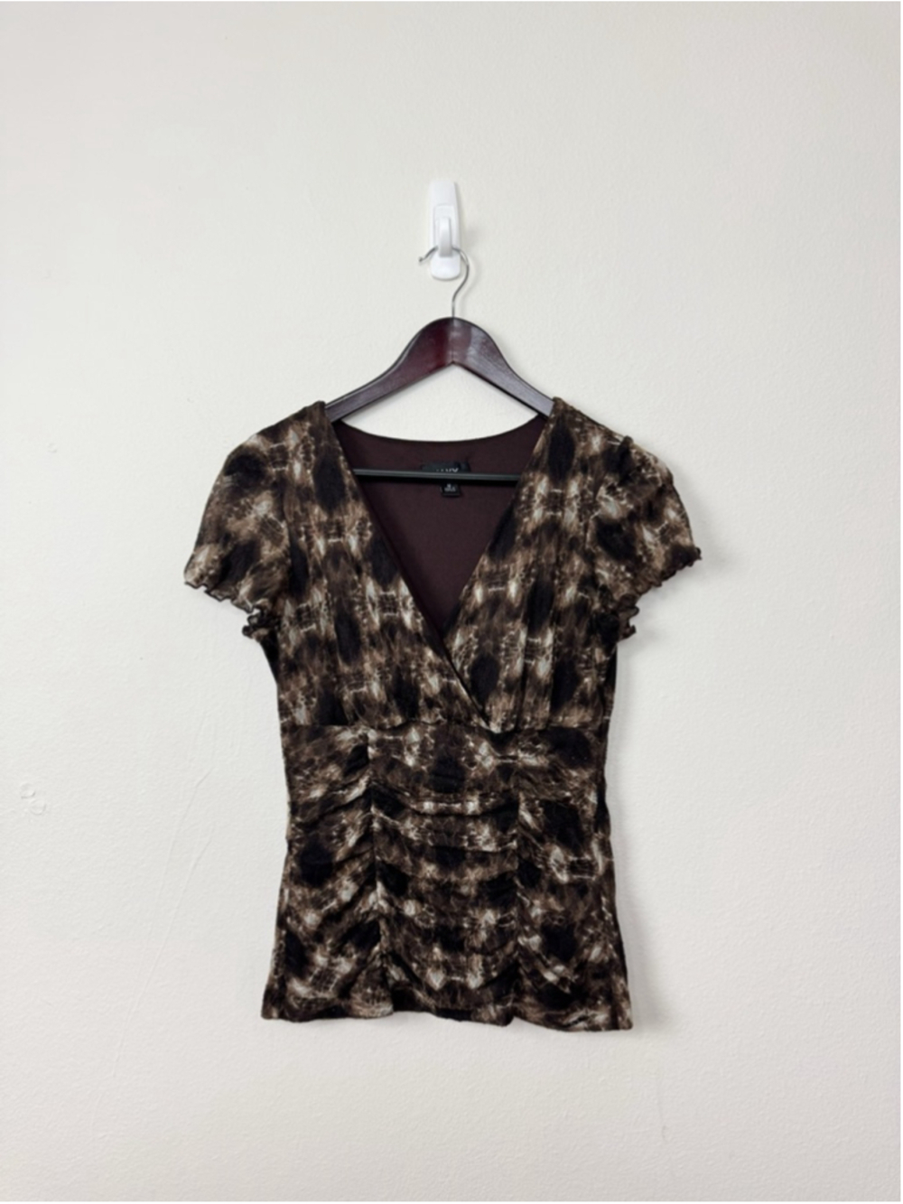 Vintage Women's ALYX Brown Black Ruched V-Neck Blouse Med Grunge Whimsigoth Y2K